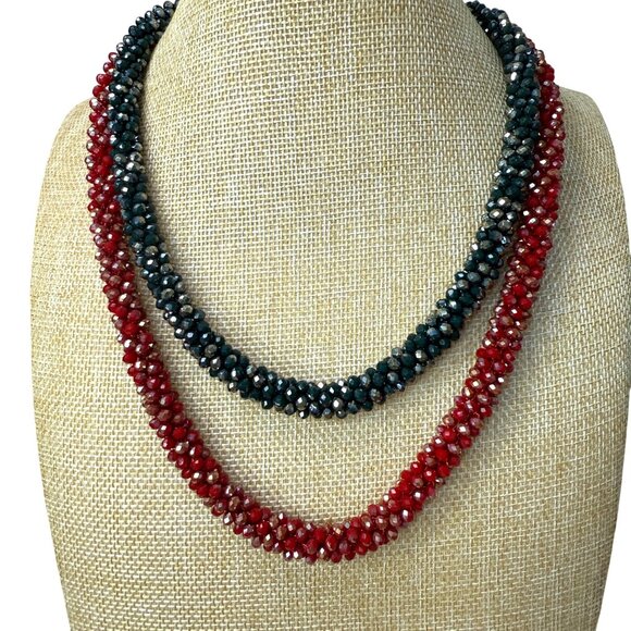Red Green Faceted Beaded Necklaces Stretch Bracelet Set, Holiday, Glam, Festive - Picture 1 of 10